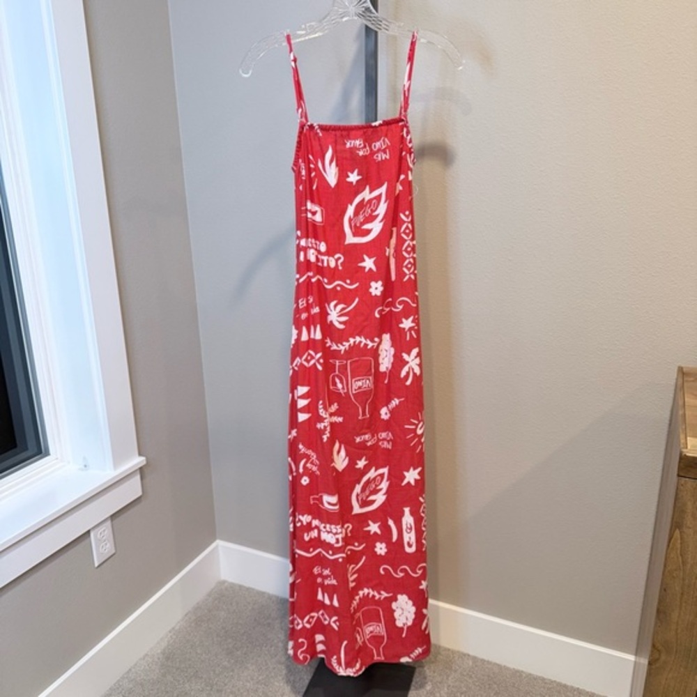Anthropology Paper Heart red/white Mexico themed linen blend maxi dress size S